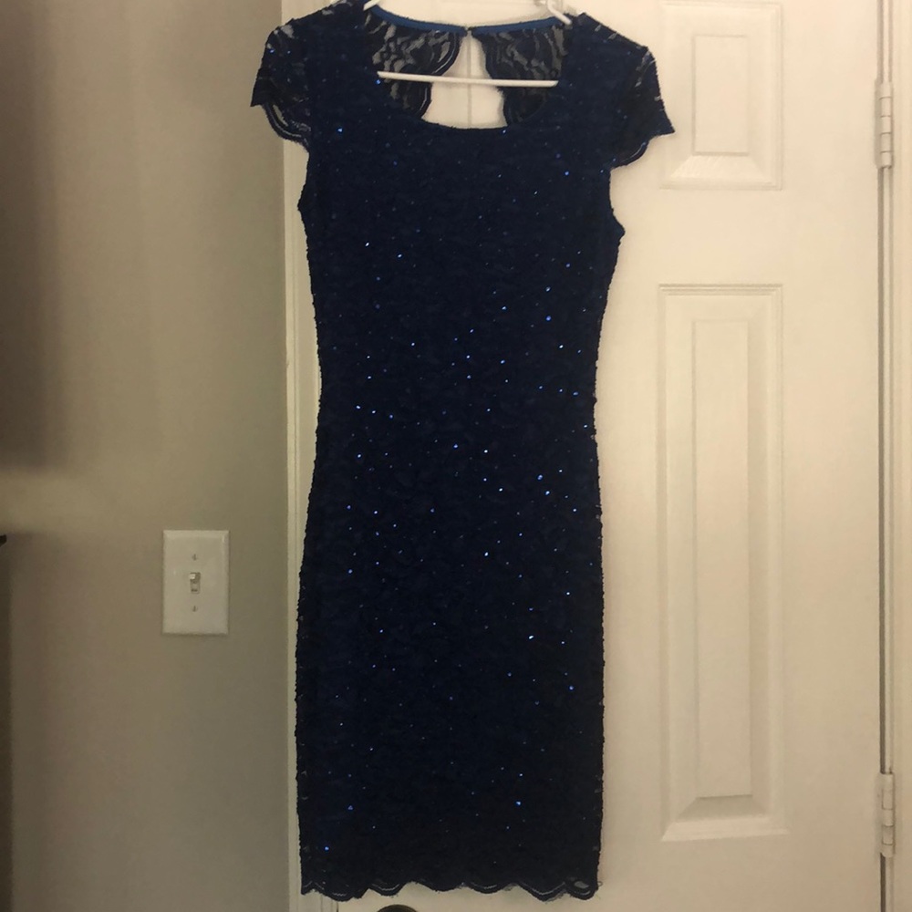Royal/Navy Blue dress with lace overlay and keyhole back details